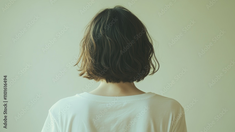Casual elegance portrayed by a figure seen from behind in a plain white t-shirt, showcasing a relaxed and comfortable everyday look. Casual elegance portrayed by a figure seen from behind in a plain white t-shirt, showcasing a relaxed and comfortable everyday look.