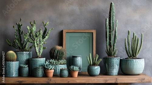 A collection of cacti and succulents in teal pots sits on a wooden shelf against a gray textured wall, adding a touch of modern desert vibes to any interior.