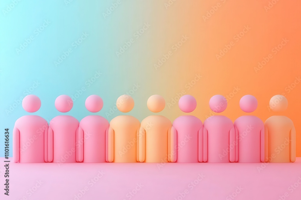 Colorful figures in a row, representing diversity and community, set against a gradient background of soft pastel colors. Colorful figures in a row, representing diversity and community, set against a gradient background of soft pastel colors.