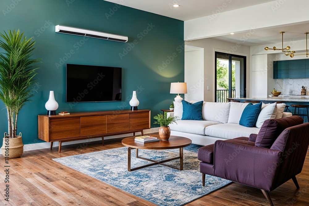 Stylish Living Space Featuring Innovative Air Quality Monitor and Smart Cooling System Stylish Living Space Featuring Innovative Air Quality Monitor and Smart Cooling System