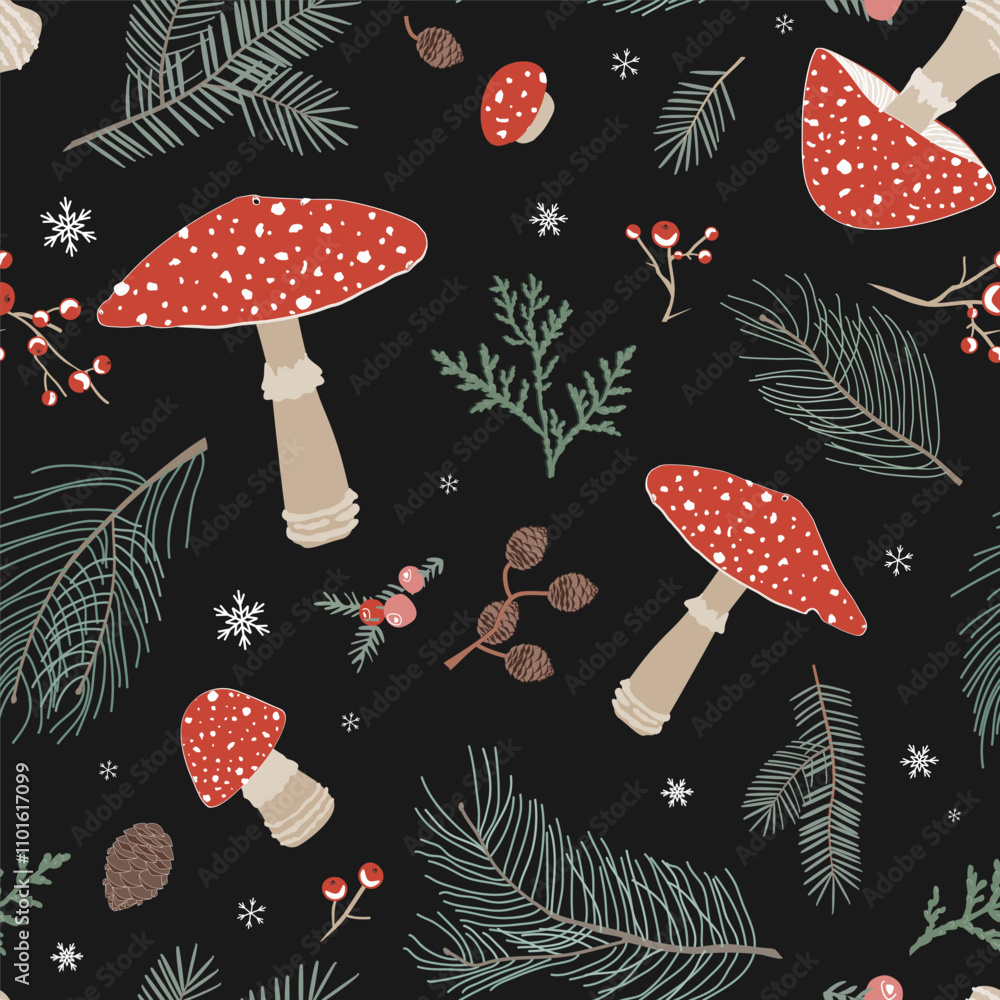 custom made wallpaper toronto digitalSeamless Christmas pattern with Amanita muscaria mushrooms, branches and berries. Cute Autumn and Winter background with fly agaric mushroom