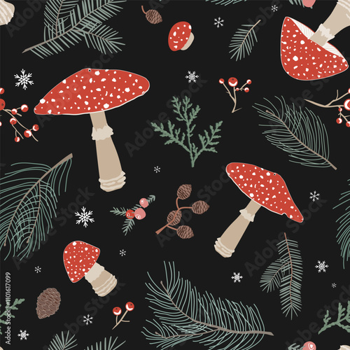 Seamless Christmas pattern with Amanita muscaria mushrooms, branches and berries. Cute Autumn and Winter background with fly agaric mushroom
