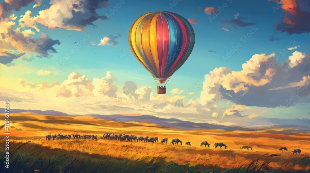 Fototapeta premium a colorful hot air balloon floating over a vast savannah landscape, with herds of animals visible below