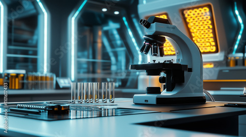 High-tech laboratory with a microscope, test tubes, and futuristic equipment, illuminated by vibrant blue and orange lights, showcasing scientific innovation and research