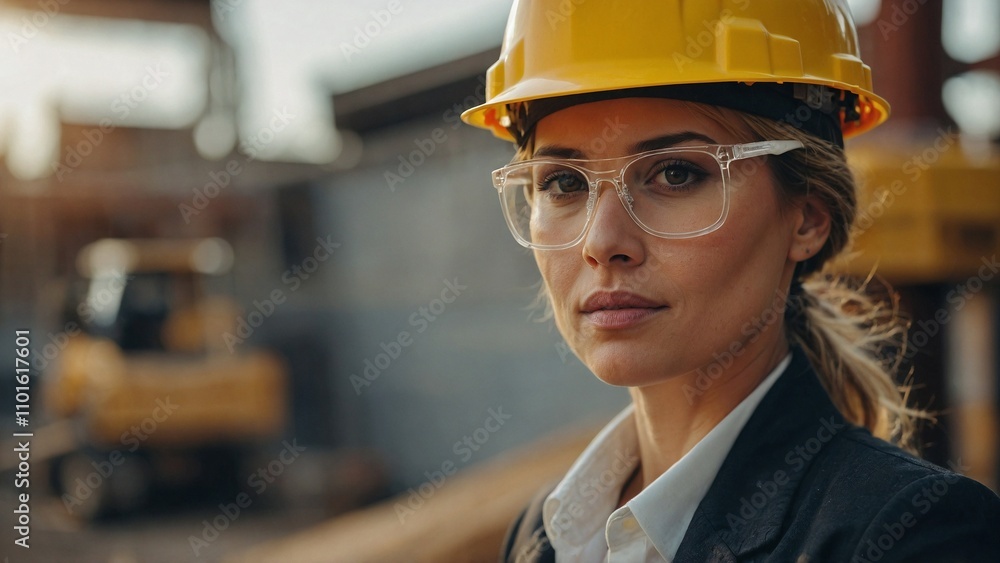 Woman wearing a yellow hard hat and safety glasses at construction Woman wearing a yellow hard hat and safety glasses at construction