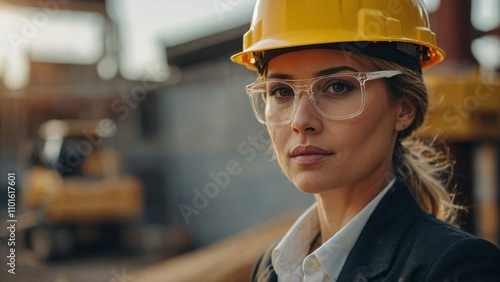 Woman wearing a yellow hard hat and safety glasses at construction photo