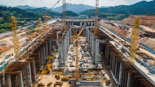 An expansive construction site with concrete bridge pillars rising for the high-speed railway bridge to Nakhon Ratchasima. Mechanical equipment and cranes frame the ambitious infrastructure project. photo