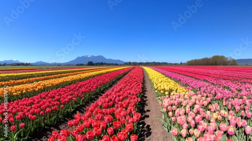 Wallpaper Mural An expansive field of blooming tulips in shades of red, pink, and yellow under a bright blue sky Torontodigital.ca