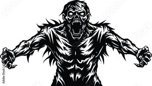 A black and white drawing of a scary zombie man Approaching Vector Illustration
