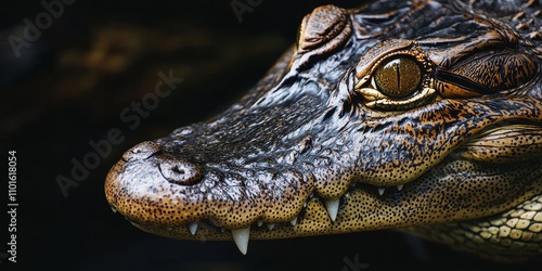 Close-up of a crocodile showcasing its intricate scales and fierce gaze. photo