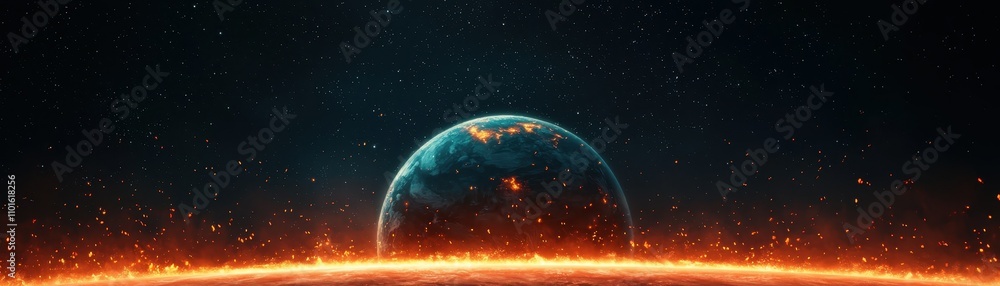 Obraz premium Fiery Planet Earth Burning Horizon Space Background Digital Art