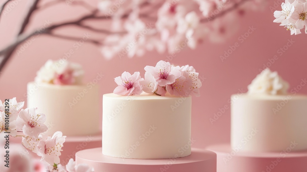 Delicate cream cakes adorned with cherry blossom flowers, elegantly displayed on pastel pink stands with soft, floral background accents. Delicate cream cakes adorned with cherry blossom flowers, elegantly displayed on pastel pink stands with soft, floral background accents.