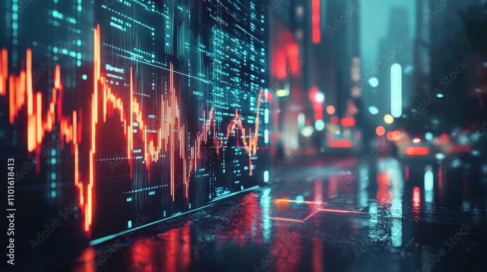 Fototapeta premium City lights and stock market graphs on an industrial business banner with electricity symbols. 