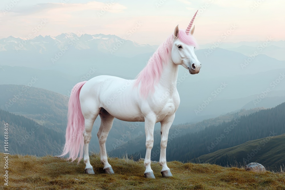 Majestic Pink Maned Unicorn in Mountain Landscape Majestic Pink Maned Unicorn in Mountain Landscape