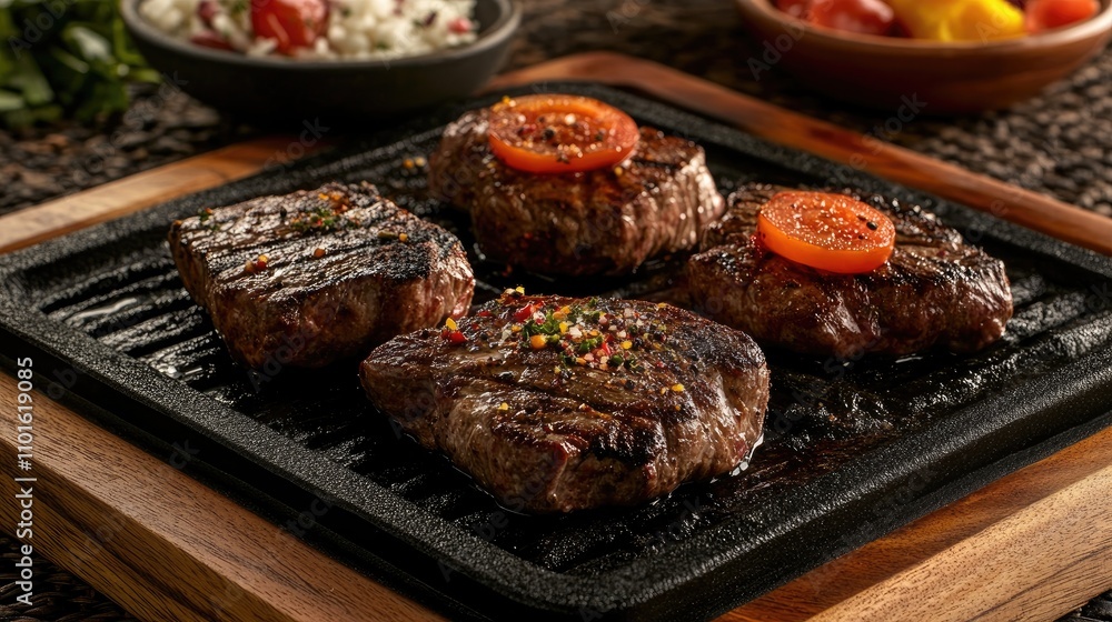 Juicy grilled steak pieces garnished with tomato slices and colorful spices, sizzling on a hot grill plate surrounded by fresh sides. Juicy grilled steak pieces garnished with tomato slices and colorful spices, sizzling on a hot grill plate surrounded by fresh sides.