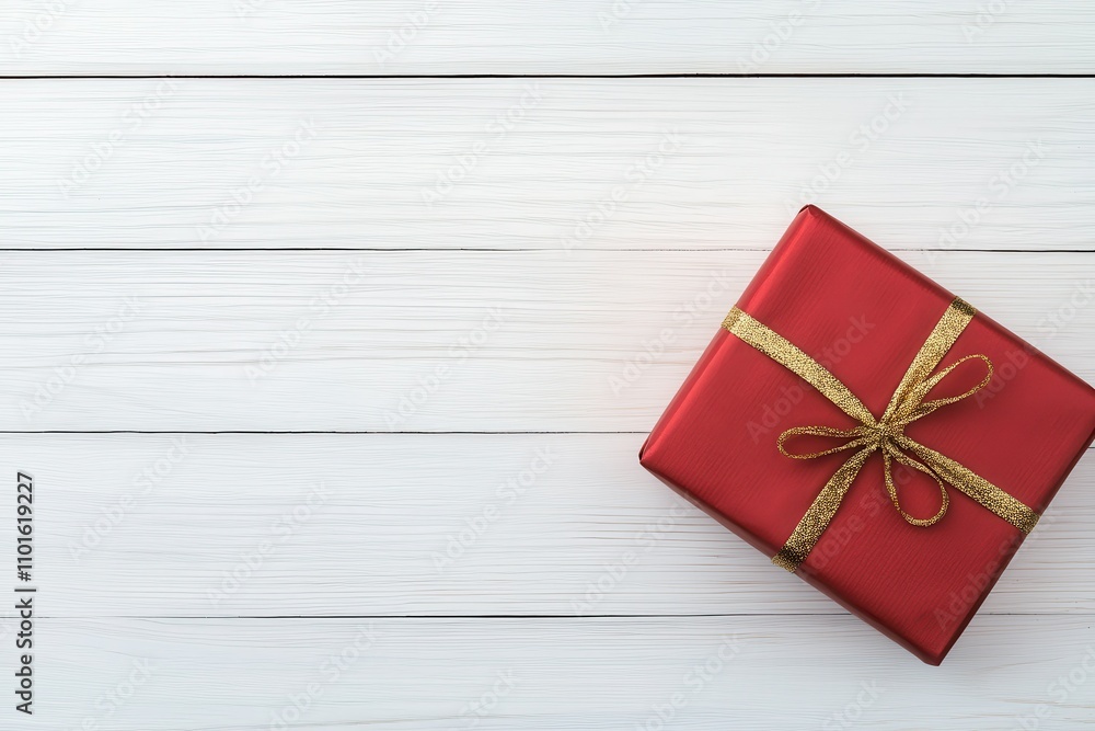 Festive Red Gift Box on White Wooden Background Christmas Present Festive Red Gift Box on White Wooden Background Christmas Present