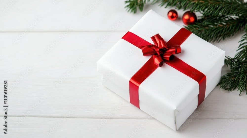 Fototapeta premium Festive Christmas Gift Box with Red Ribbon on White Wood
