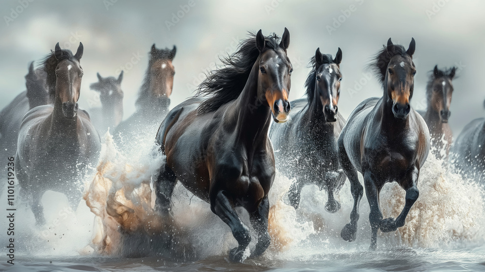 A herd of wild horses running on the sandy beach. A group of horses galloping through the water on seashore with splashes of water all around. A herd of wild horses running on the sandy beach. A group of horses galloping through the water on seashore with splashes of water all around.