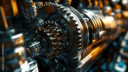 An inside view of a car engine with visible gears, cylinders, and connecting rods. The arrangement and polished metal surfaces convey the strength and efficiency of engine design.