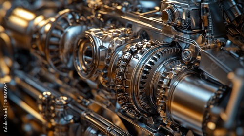 An inside view of a car engine with visible gears, cylinders, and connecting rods. The arrangement and polished metal surfaces convey the strength and efficiency of engine design.