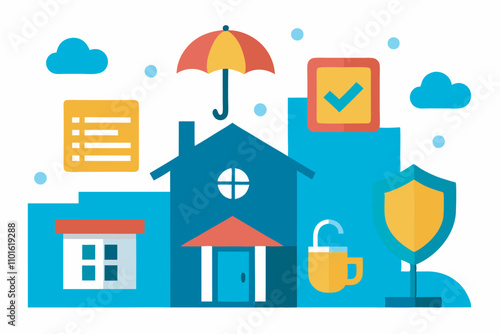 Illustration of a blue house with icons symbolizing home protection and insurance services, including an umbrella, safe, shield, and checklist. Clouds and a coffee cup highlight coverage and comfort.