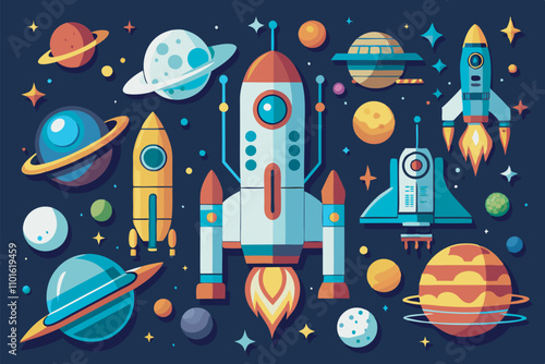Vibrant cosmic scene with rockets, planets, and stars symbolizes space exploration's majesty and endless possibilities, inviting contemplation.