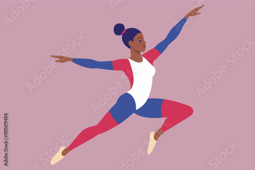 Digital illustration of an African American woman in a vibrant dance pose, exuding energy with grace and focus. Dark hair in a bun, colorful leotard, elegant stance in mid-air against pink background.