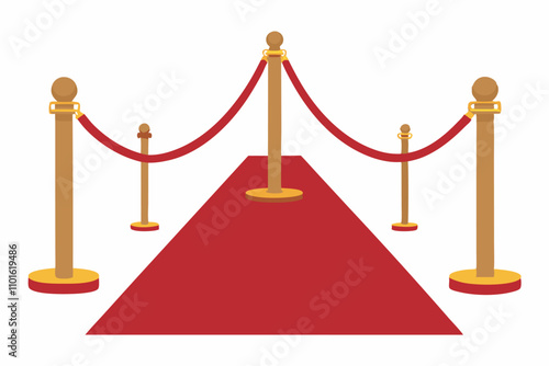 Exclusive event setup: red carpet, golden stanchions, red rope barrier, exuding luxury and prestige as at movie premieres or award ceremonies.