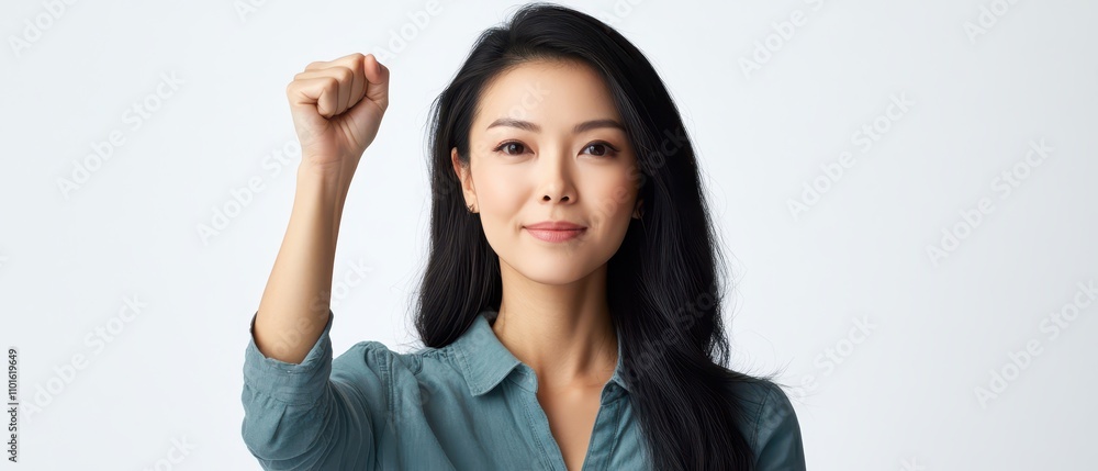 Midshot of Asian woman raising a fist in empowerment gesture, clean white background, conveying strength and victory