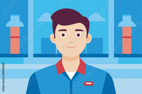 A pharmacist stands in a clean pharmacy environment surrounded by medicine bottles in brown cabinets. The background hints at a clinical setting with mountains and clouds.