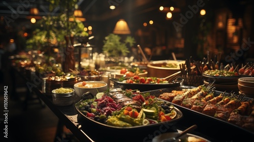 A bustling indoor catering event at a restaurant, with people gathered around a buffet table laden with an assortment of meats, colorful fruits, and vegetables.