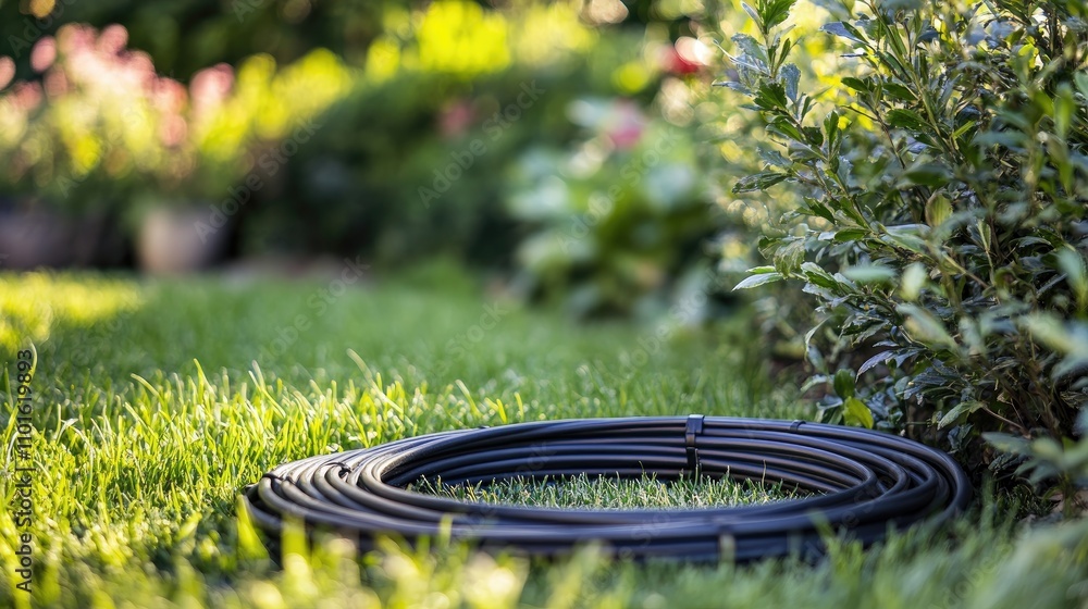 Black electric cable coiled neatly on lush green grass, surrounded by vibrant garden foliage during bright daylight. Black electric cable coiled neatly on lush green grass, surrounded by vibrant garden foliage during bright daylight.