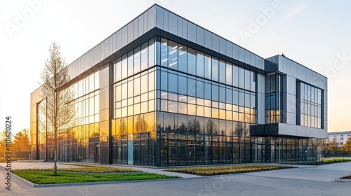 Modern Glass Office Building Sunset Reflection