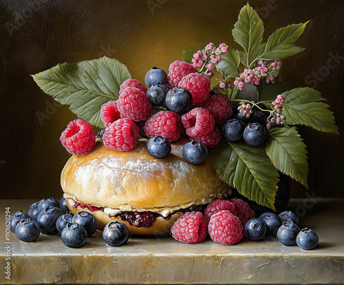 blueberry and raspberry tart, by titian, still life , viennoise patisserie , raspberries, and blueberries photo