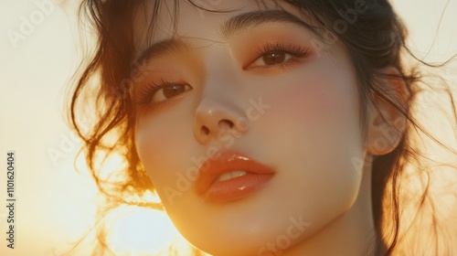 An Asian woman with a fresh and radiant makeup look, featuring soft peach tones on her eyes and lips, her glowing skin highlighted by golden-hour sunlight