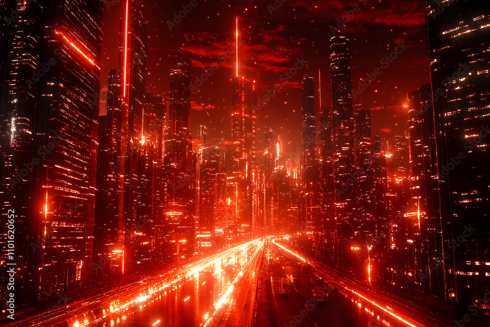 A futuristic cityscape illuminated in red tones, showcasing a vibrant urban environment. A futuristic cityscape illuminated in red tones, showcasing a vibrant urban environment.