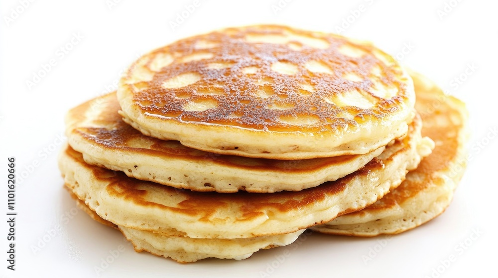 Fluffy golden pancakes stacked neatly, showcasing a crispy surface, paired with creamy cottage cheese against a pristine white background. Fluffy golden pancakes stacked neatly, showcasing a crispy surface, paired with creamy cottage cheese against a pristine white background.