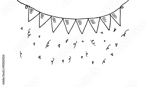 Doodle cartoon string of triangular flags hanging with scattered confetti.