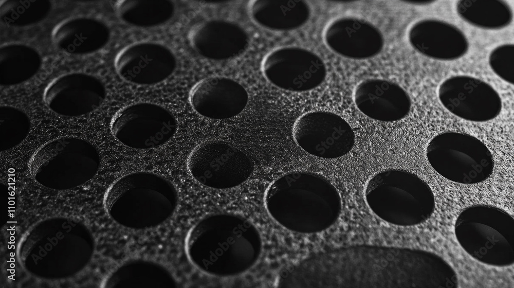 Textured metal surface with uniform holes captured in dramatic black and white Textured metal surface with uniform holes captured in dramatic black and white