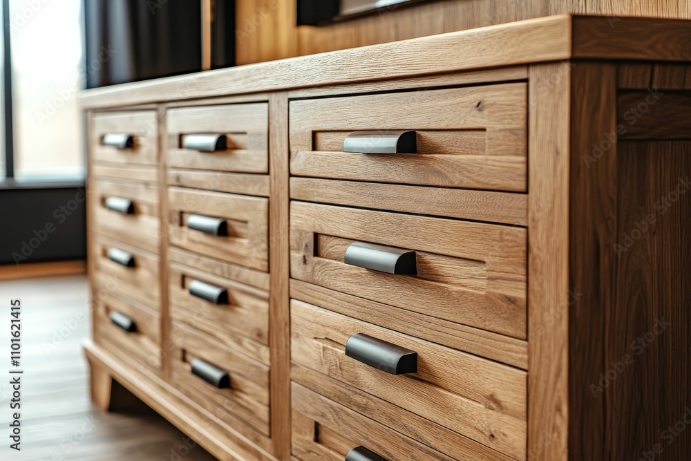 Wooden dresser with multiple drawers and dark handles.