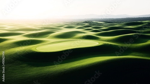 Aerial view of a golf course featuring a central green surrounded by undulating grass hills under a bright sky with distant mountains in the background.