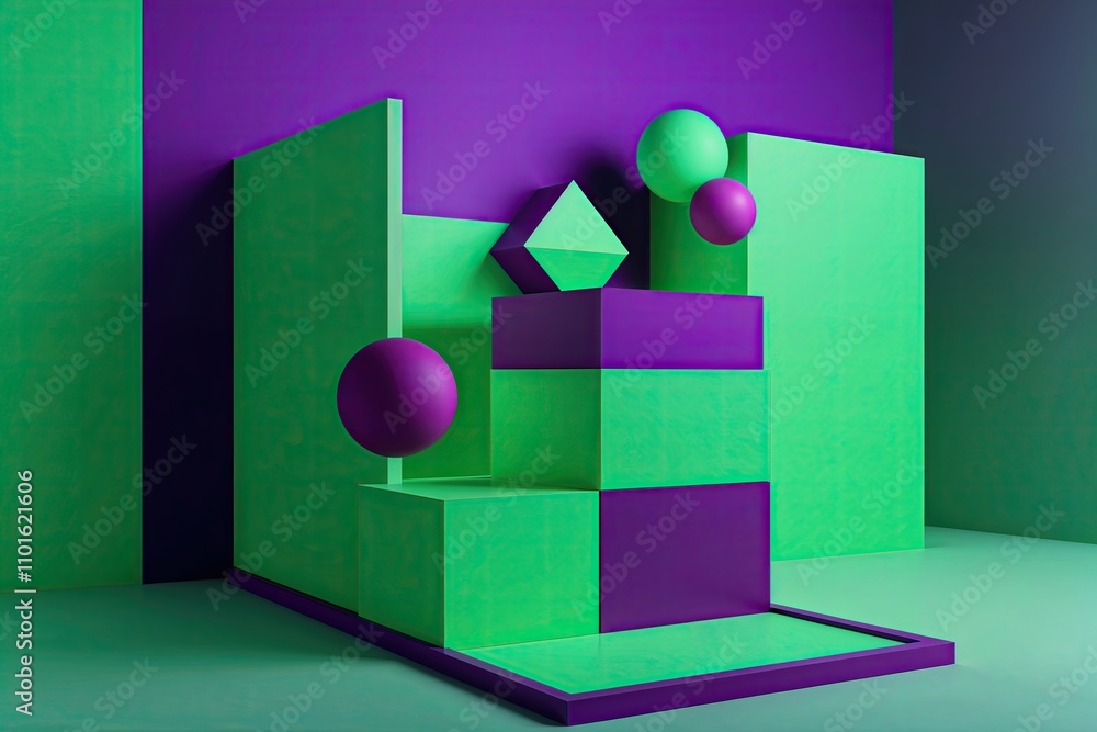 Vibrant 3D Visualization of Neon Green and Violet Geometric Spatial Design Vibrant 3D Visualization of Neon Green and Violet Geometric Spatial Design