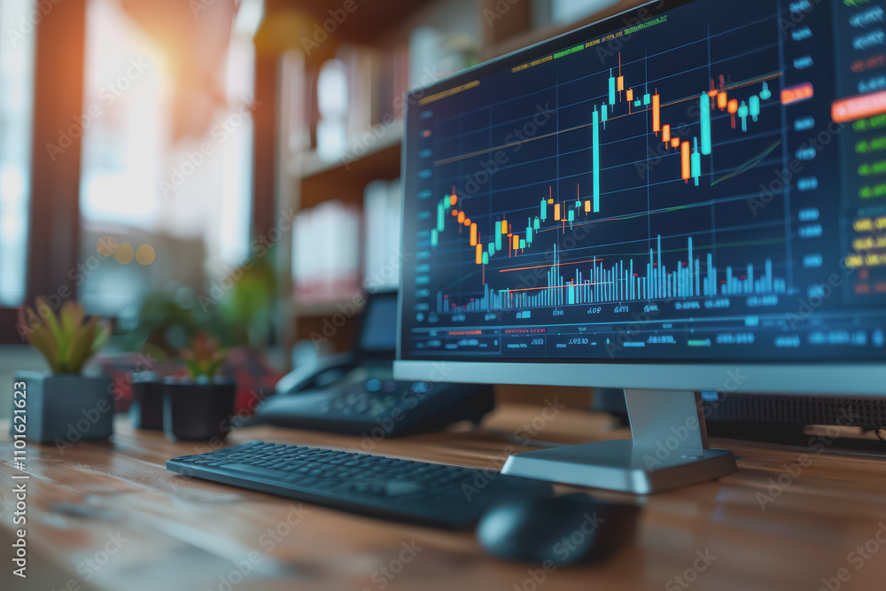 Stock market graph on background with desk and personal computer financial analysis concept. Stock market graph on background with desk and personal computer financial analysis concept.