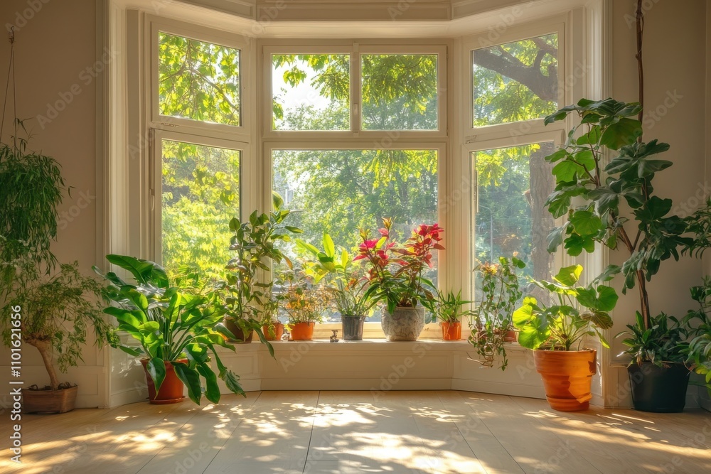 Bright and airy space featuring a large bay window decorated with lush greenery. Minimalist design enhances natural light, creating a serene and tranquil atmosphere Bright and airy space featuring a large bay window decorated with lush greenery. Minimalist design enhances natural light, creating a serene and tranquil atmosphere