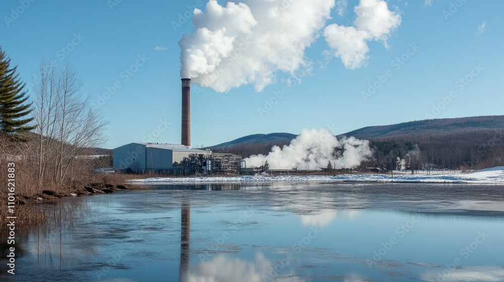 A steam tower gently releasing vapor into the air on a clear, sunny day, with the warmth and power of industry visible in the background. A steam tower gently releasing vapor into the air on a clear, sunny day, with the warmth and power of industry visible in the background.