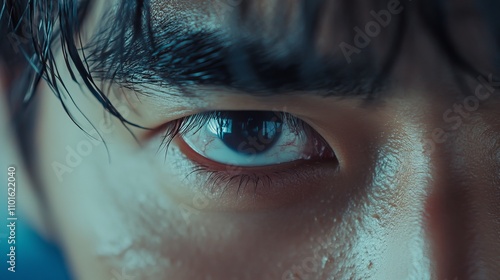 A slow-motion close-up of an Asian young man's eye.
