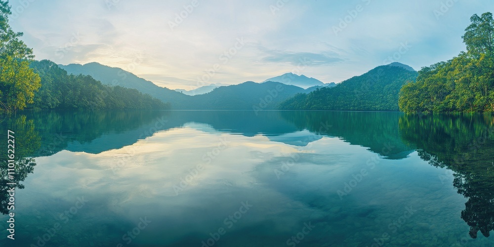 Serene lake reflecting mountains and trees at sunrise, creating a tranquil natural scene. Serene lake reflecting mountains and trees at sunrise, creating a tranquil natural scene.