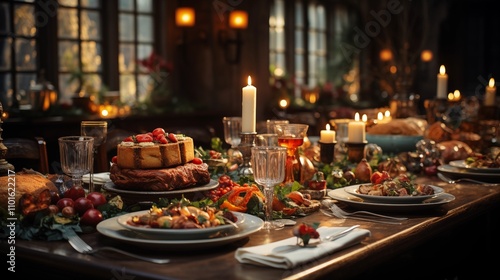 A Christmas feast presented on a tastefully decorated table, surrounded by seasonal decor and warm lighting, perfect for holiday celebrations.