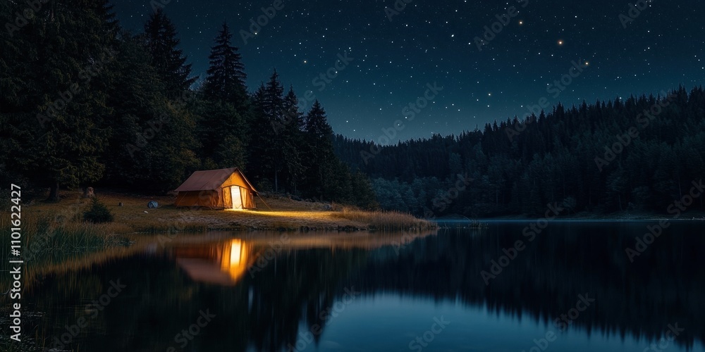 Serene night scene of a cabin by the water, illuminated under a starry sky. Serene night scene of a cabin by the water, illuminated under a starry sky.