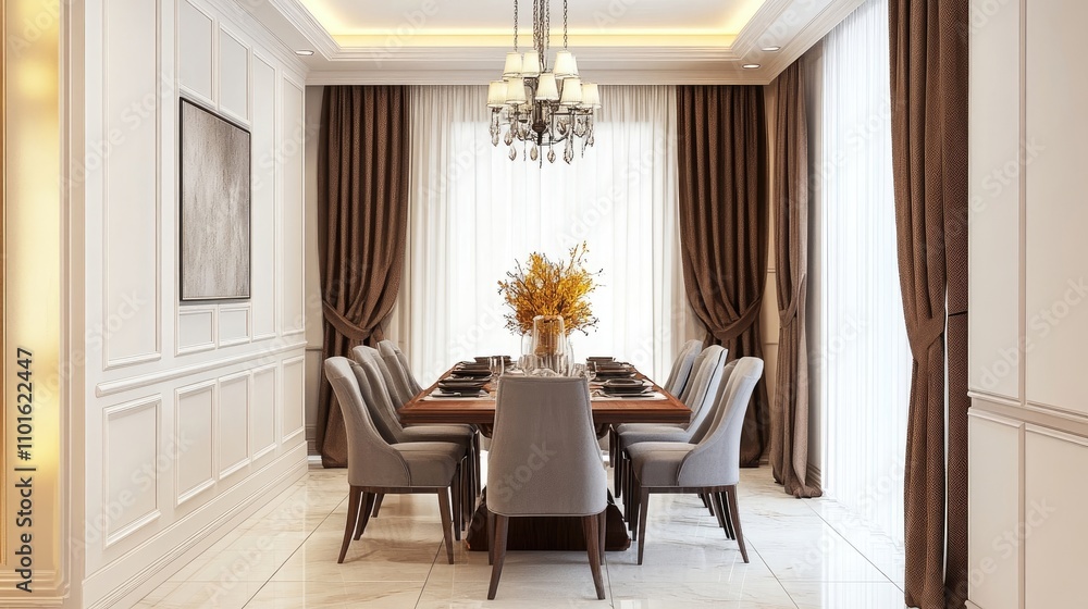 Elegant dining room with a large wooden table, gray chairs, and brown curtains. A chandelier hangs above the table, adding to the luxurious feel. Elegant dining room with a large wooden table, gray chairs, and brown curtains. A chandelier hangs above the table, adding to the luxurious feel.